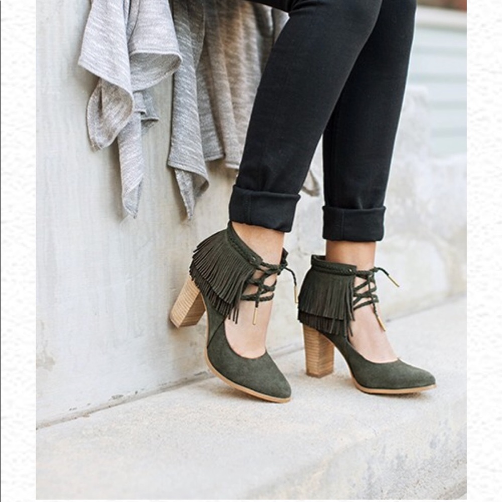 Suede lace up olive fringe heels from Joyfolie.